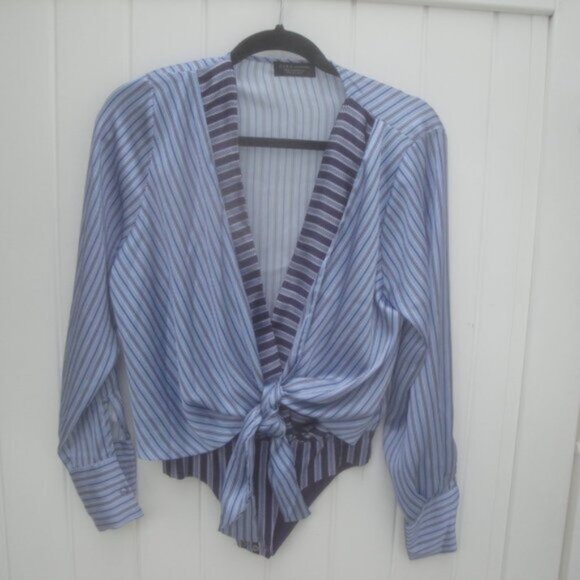 Zara Blue Striped Knot Plunging Bodysuit Small - Picture 2 of 8